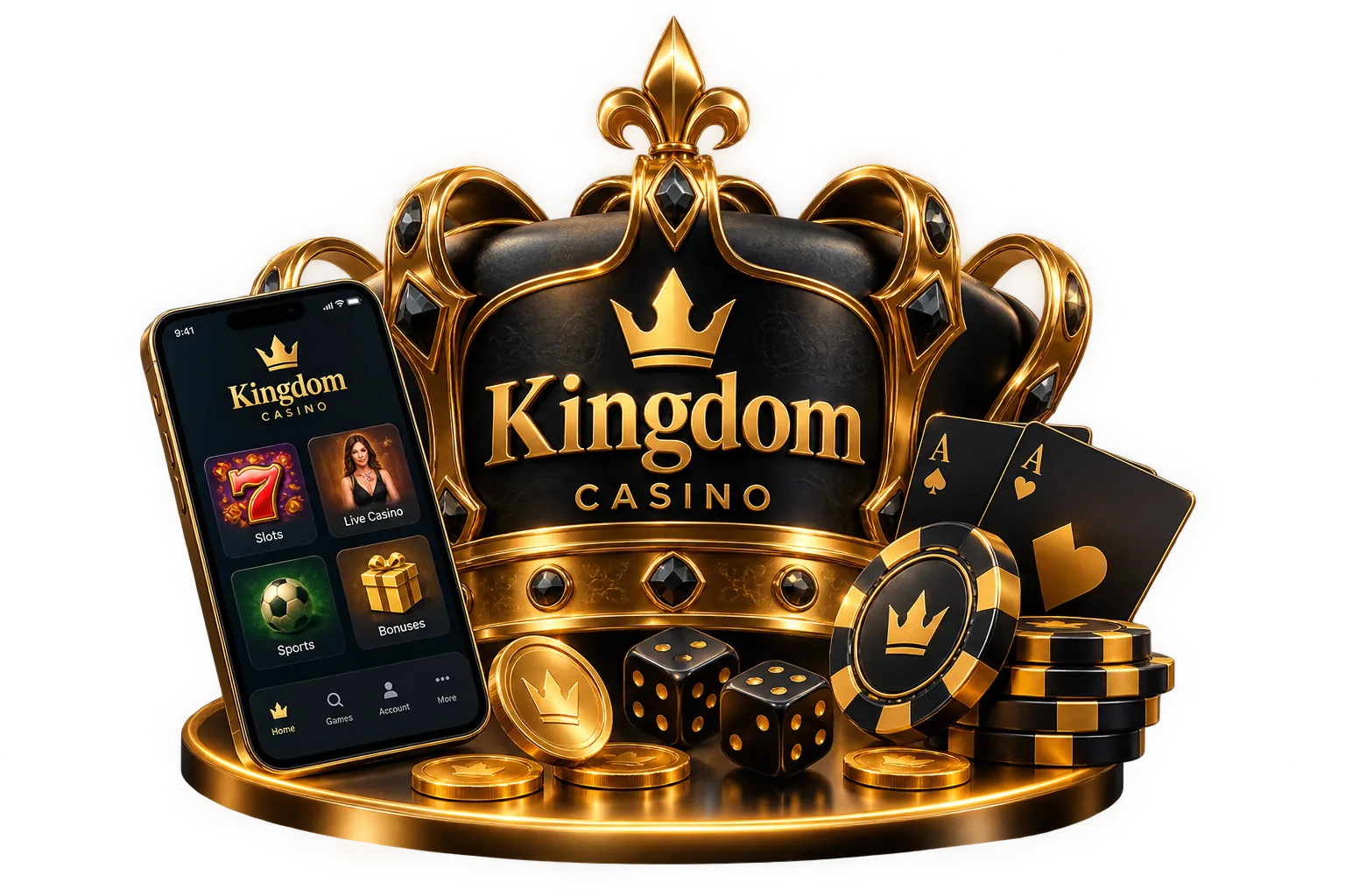 Kingdom Casino emblem with mobile casino, chips, cards, dice and gold crown