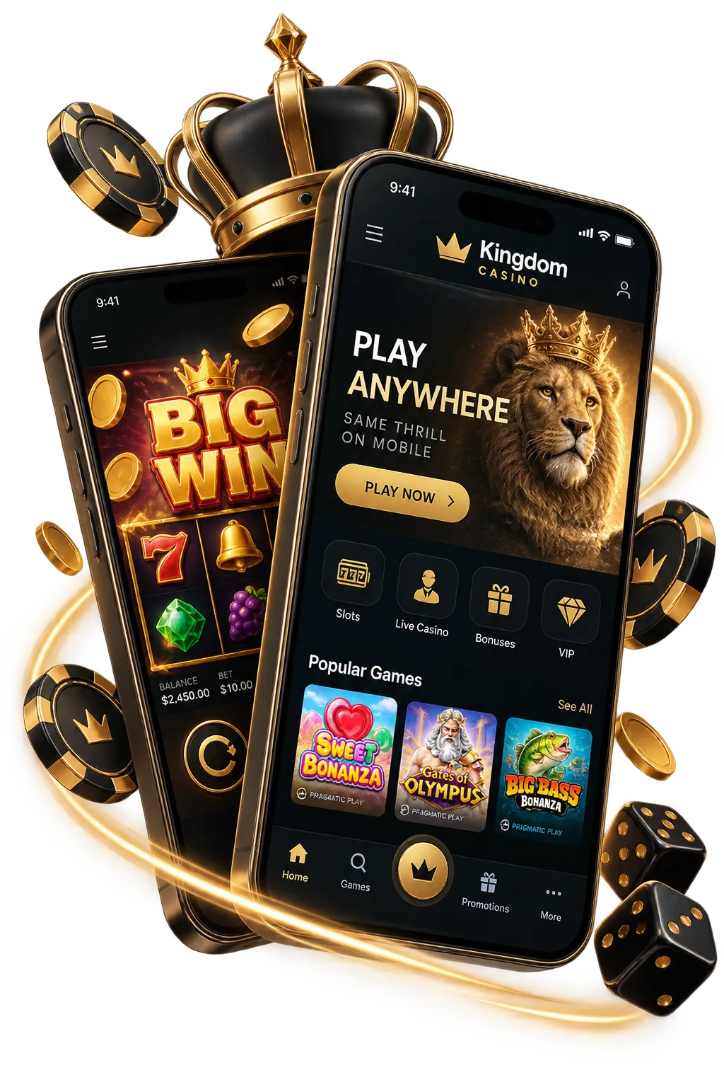 Kingdom Online Casino mobile experience with slots, live casino, bonuses and account navigation